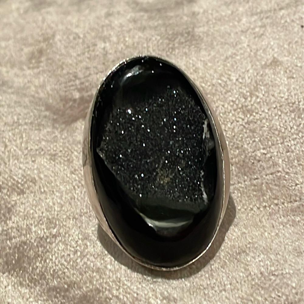 Chunky Black Agate Druzy Geode Ring Sterling Silv… - image 1